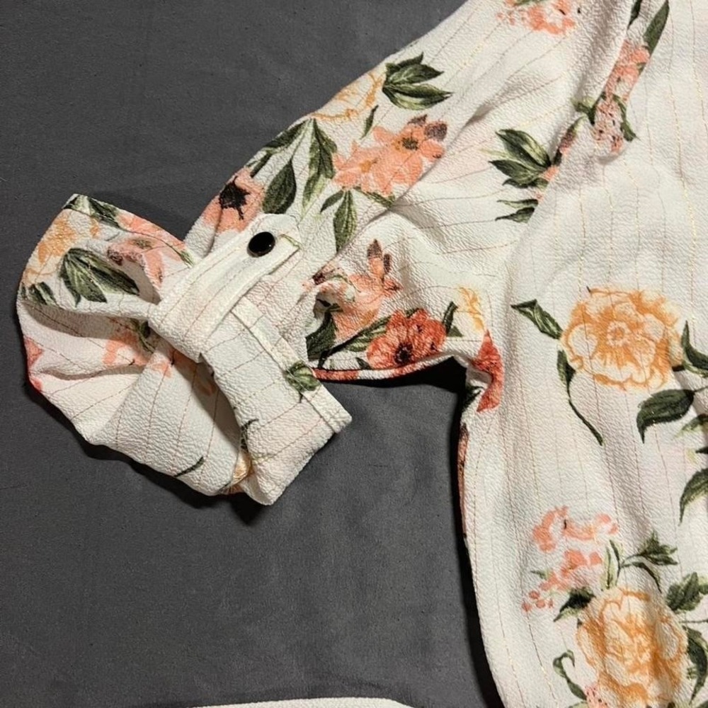 J for Justify Floral V-Neck Belted Dress White Orange Small Metallic Stripe - Picture 3 of 6